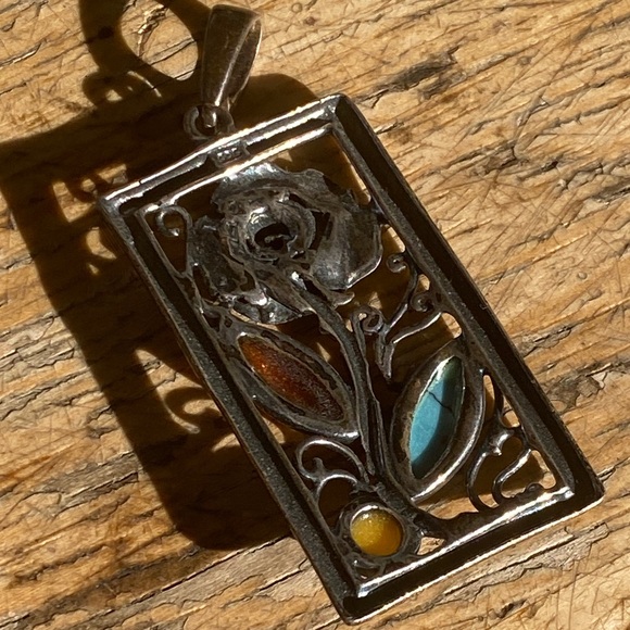925 Sterling Silver Floral Inlay Pendant | Turquoise & Amber Tone Stone Pendant - Picture 4 of 6